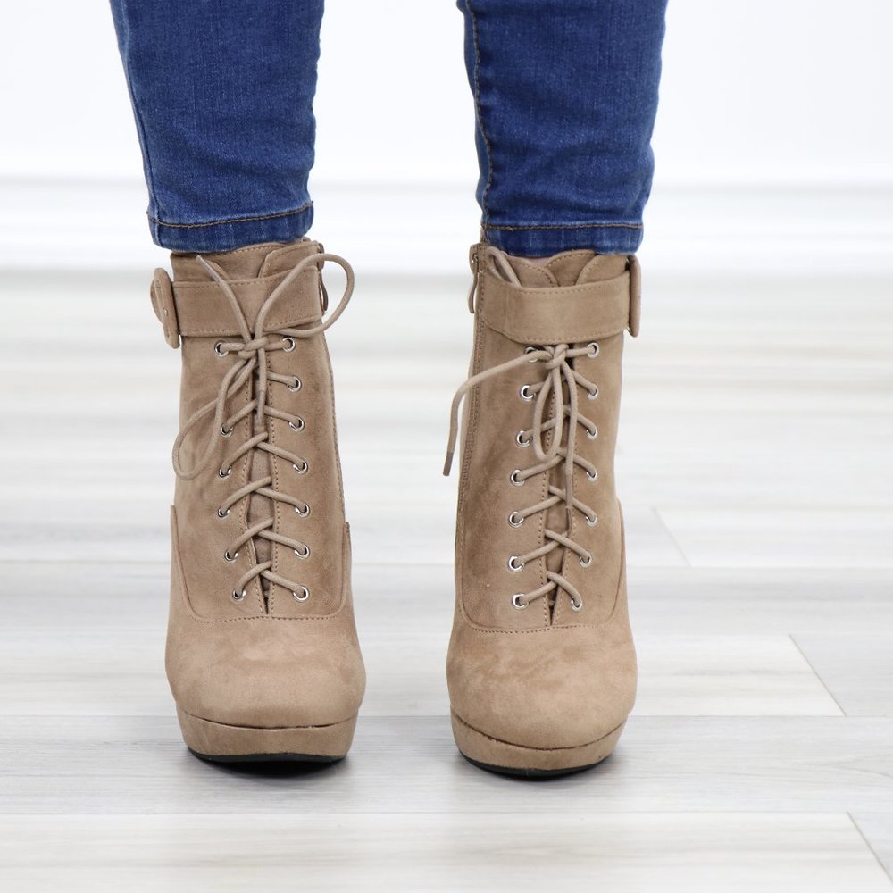 Tan Faux Suede Heel Lace-Up Ankle Booties - Picture 13 of 14
